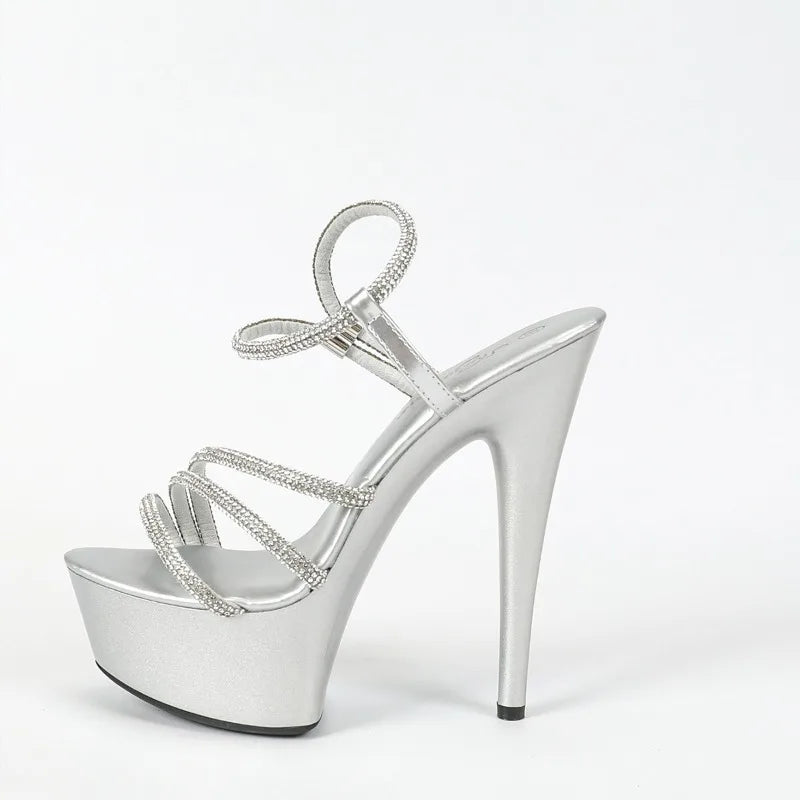 Sandales d'été à talons aiguilles 15 cm pour femmes, avec strass et bride étroite, chaussures de soirée sexy à plateforme et bout ouvert
