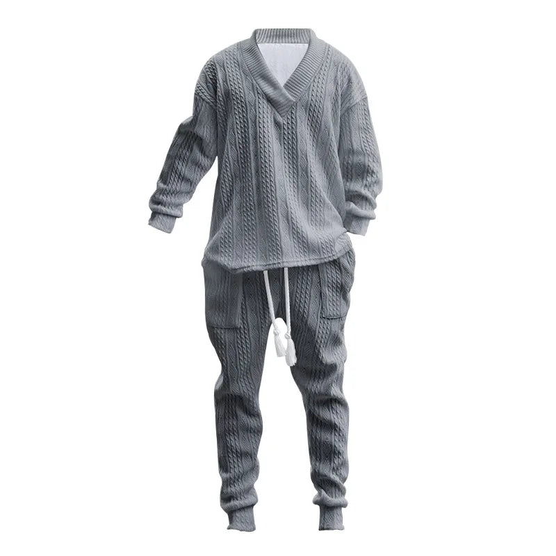 2025 Ensemble composé d’un pantalon décontracté pour homme et d’un pull en maille jacquard polyvalent à col V, tendance transfrontalière