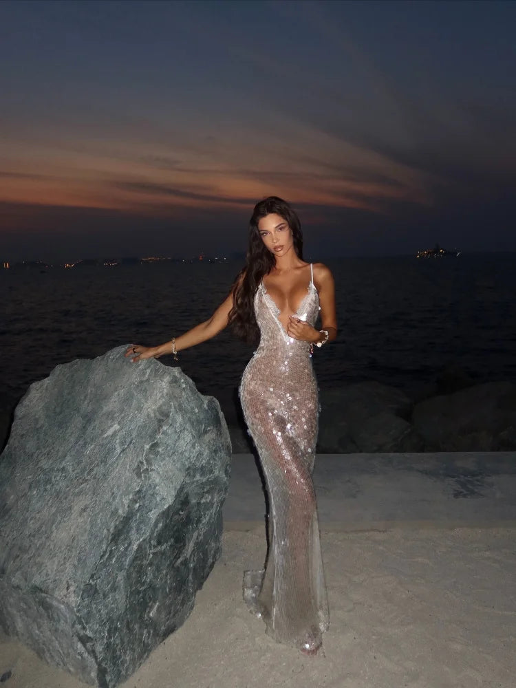 Sequin Spaghetti Strap Transparent Dress Women Sexy Deep Lace V-neck Bodycon Beach Party Dresses 2025 Chic Elegant Vacation Gown