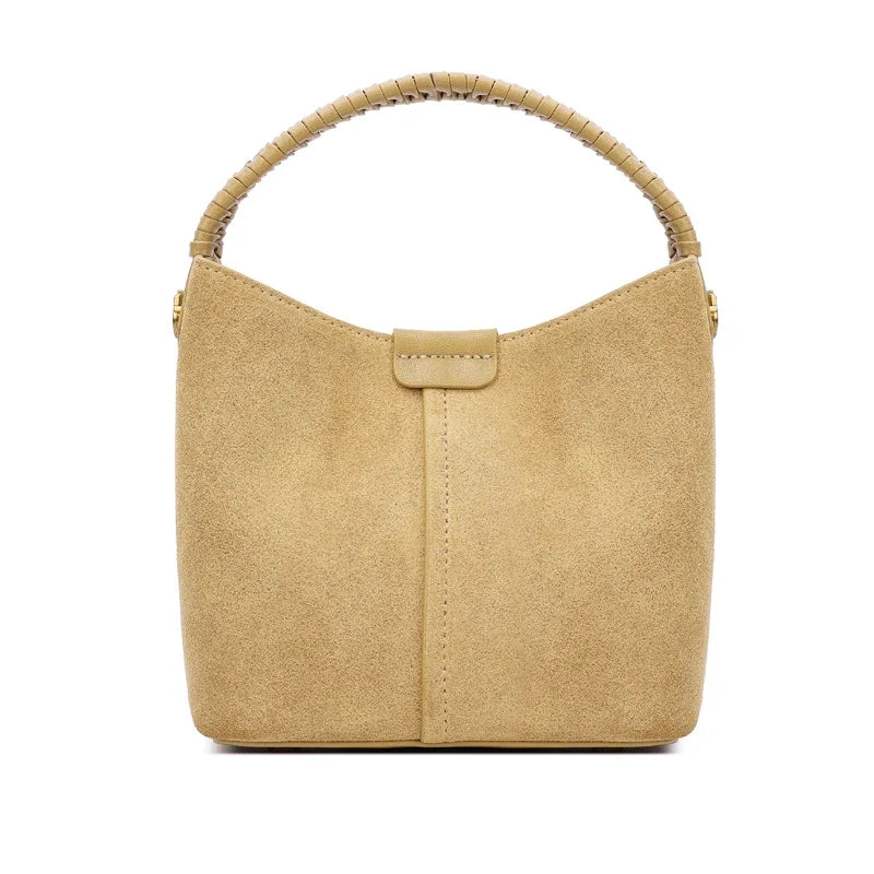Luxury Designer Genuine Suede Cowhide Women Bucket Handbag Braided Woven Top Handle Real Leather Hobo Bag Ladies Shoulder Purse