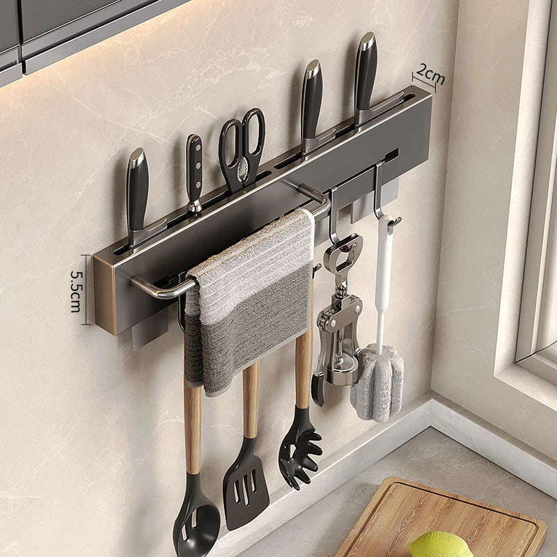 Soporte de acero inoxidable para colgar utensilios de cocina, organizador de pared para cucharas, cuchillos y accesorios de cocina.