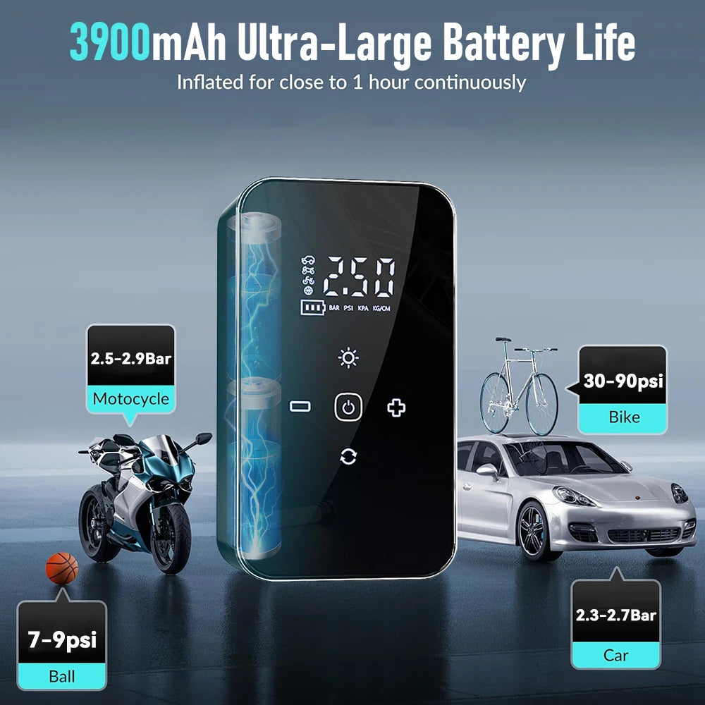 Mini compresor de aire inalámbrico portátil con pantalla táctil, inflador eléctrico para neumáticos de moto, bicicleta y coche, y pelotas