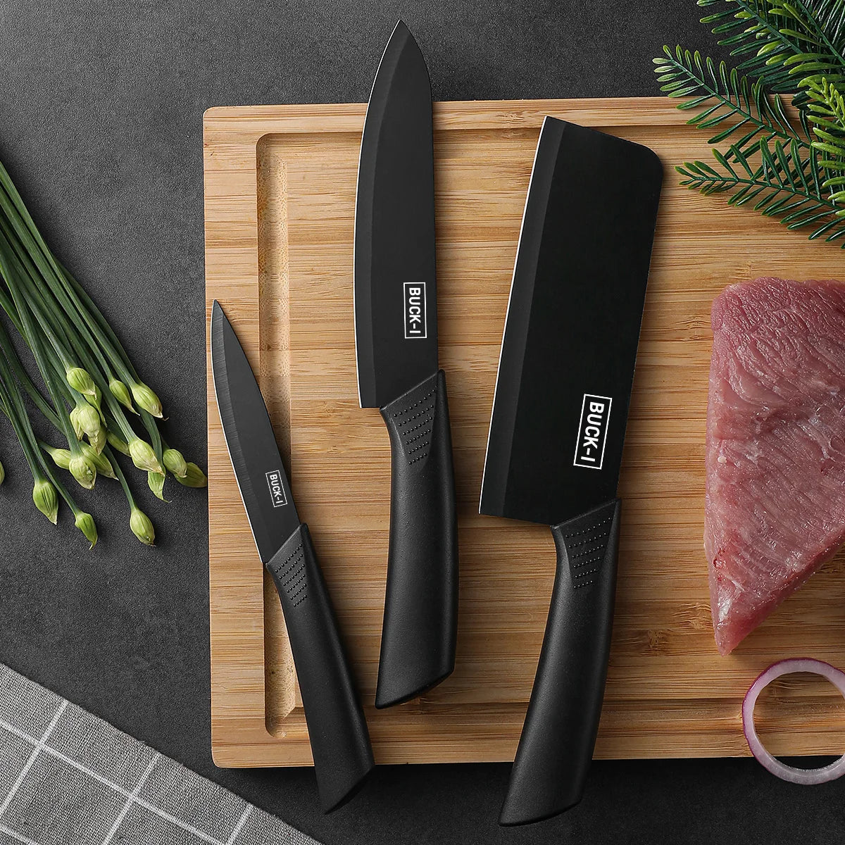 Set de couteaux de cuisine, comprenant un hachoir, un couteau de chef et un couteau d'office, avec bloc à couteaux, adapté pour couper la viande et les légumes