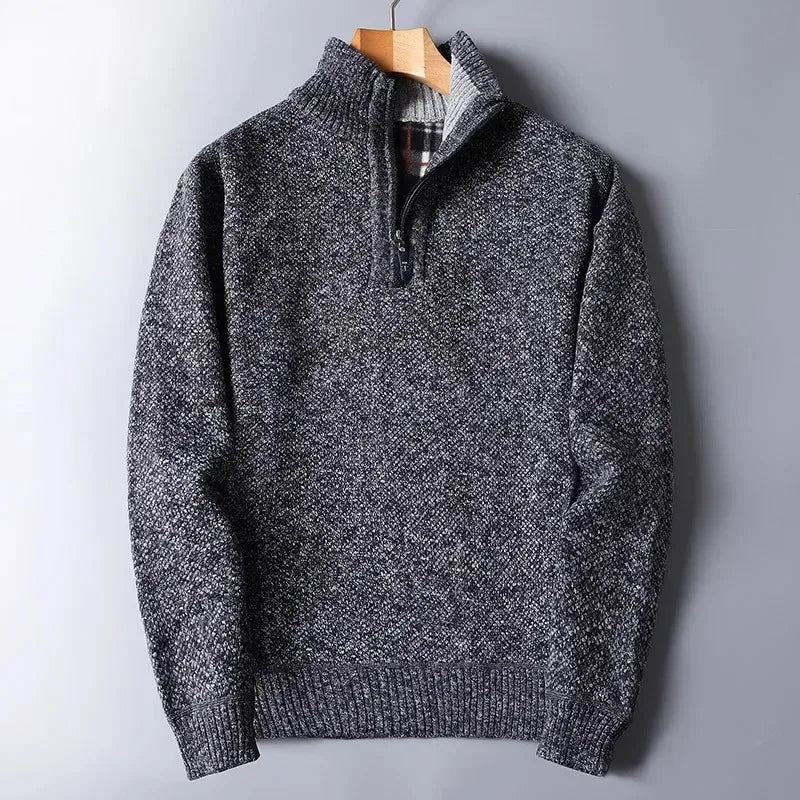 Autumn Winter Men's Sweater Padded Thickened Mock Neck Half Zipper Solid Color Warm Casual Pullovers Male Trendy Knitwear