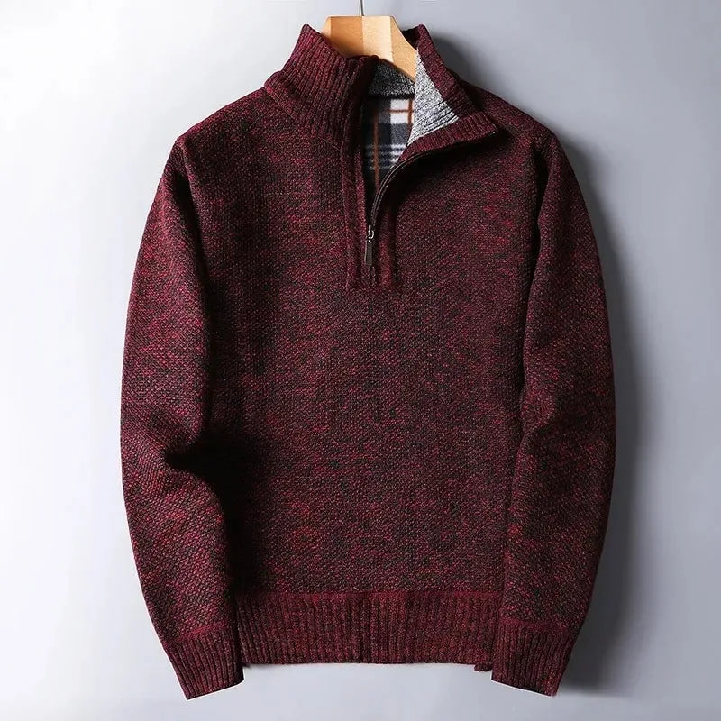 Autumn Winter Men's Sweater Padded Thickened Mock Neck Half Zipper Solid Color Warm Casual Pullovers Male Trendy Knitwear