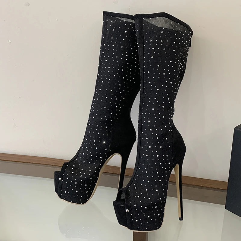 Stivali donna Liyke in rete con strass e plateau