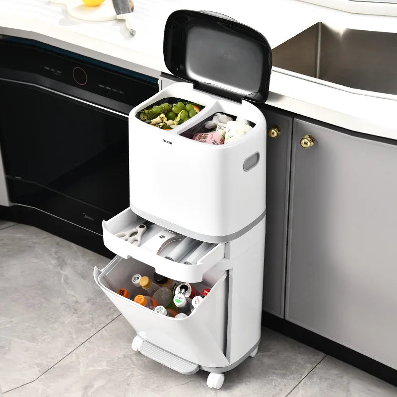 2025 Nuevo cubo de basura doméstico de alta gama para cocina de 18/26/42 L con separación de residuos húmedos y secos, con ruedas universales y cajón para clasificación de desechos
