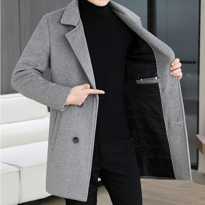 Business Casual Men's Top Mid-Length Woolen Coats 2026 Winter Warm Wool Overcoat Outwear Cotton-Thicken Liner Windbreaker Jacket