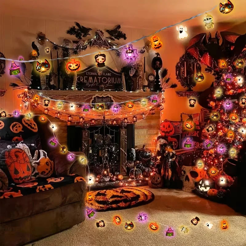 Guirlande lumineuse LED Halloween 10/20 lumières Fantôme Citrouille Momie Squelette Araignée Guirlande à piles pour fête Décoration de maison hantée
