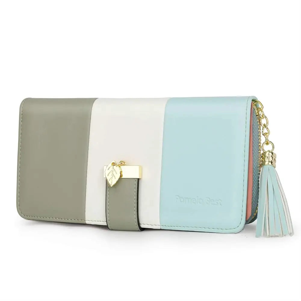 Pomelo Best 2026 Women RFID Wallet Color Block PU Clutch Multi Card Slots Phone Compartment Zipper Ladies Travel Coin Purse