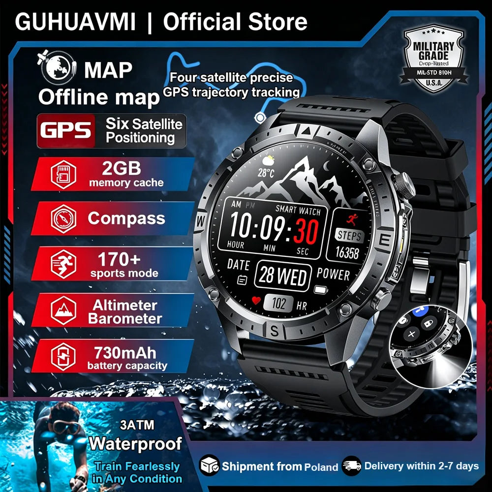 2026 New Built in GPS Smart Watch Offline Map Compass Fitness Tracker BT Call 3ATM Waterproof Altimeter Barometer Rugged Outdoor HD Smartwatch Men