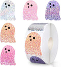 500-Piece Roll of Holographic Ghost Stickers, 1-Inch Laser Sparkle Stickers for Halloween Party Envelopes and Scrapbook Decorations