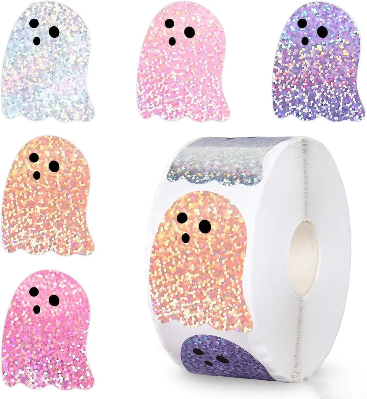 500Pcs Halloween Pholographic Ghost Stickers Rolls 1in Laser Ghost Sparkly Stickers Halloween Party Envelope Scrapbook Decor