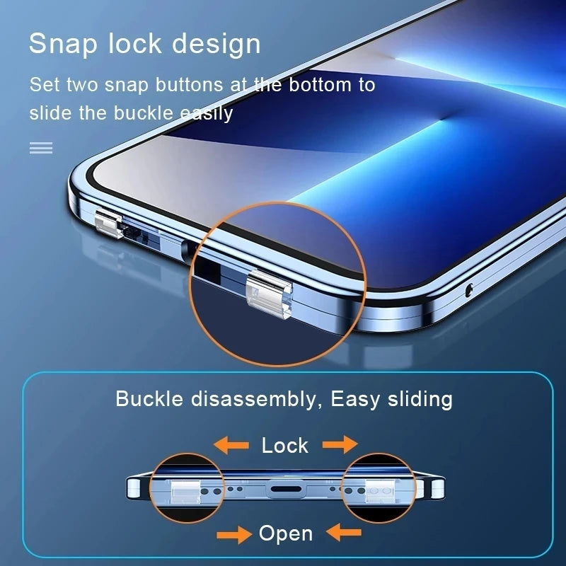 360 Full Protection Metal Magnetic Double Sided Glass Snap Lock Case For iPhone 18 17 16 15 14 13 Pro Max Lens Protection Cover