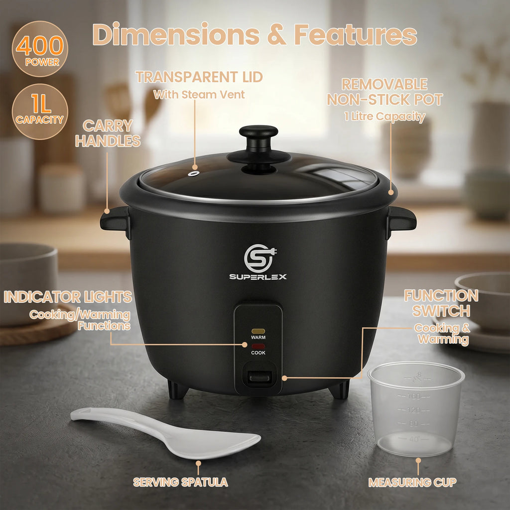 SUPERLEX 10-Cup Electric Rice Cooker, One-Touch Operation, Automatic Keep-Warm Function, Tempered Glass Lid, 400W, Perfect for Family Meals