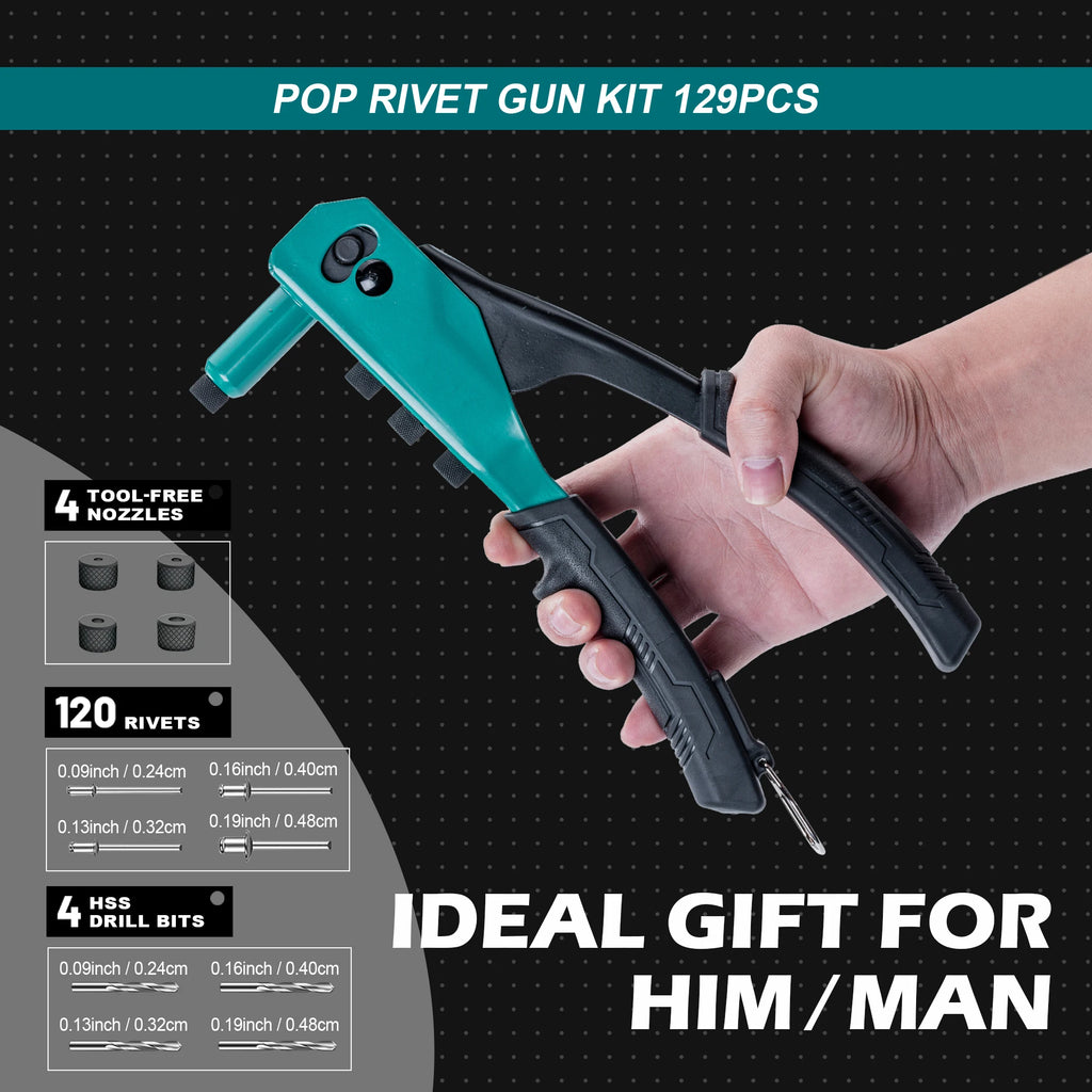 Rivet Gun Kit, Pop Rivet Gun, Heavy Duty Rivet Tool, Professional Hand Riveter, Manual Riveting Tool with 120 Blind Rivets, 4 HSS Drill Bits, 4 Tool-free Interchangeable Heads