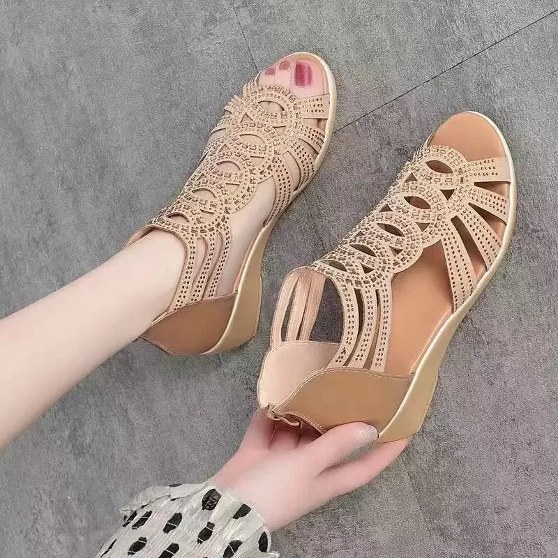 Women's Wedge Sandals 2025 New Comfortable Hollow-Out Roman Sandals, Elegant Low-Heeled Fashion Shoes for Women