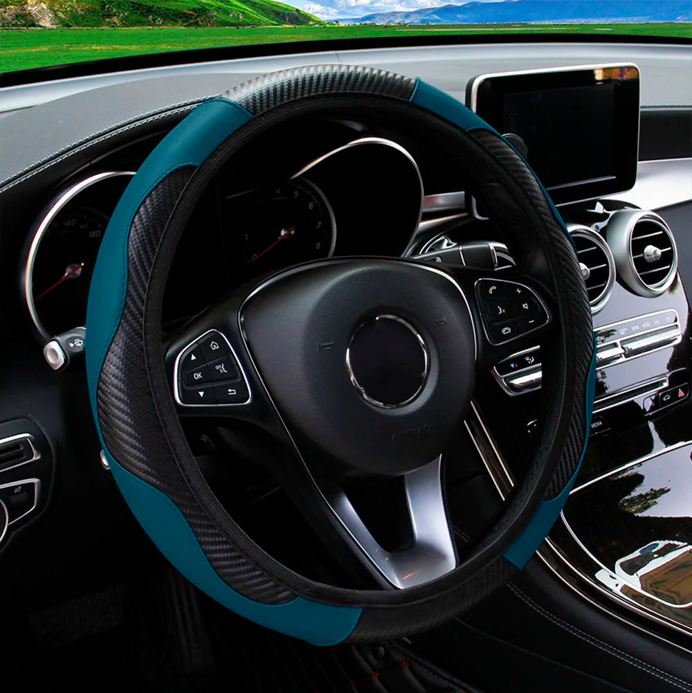 PU Carbon Fiber Leather Steering Wheel Cover Without Inner Ring, Suitable for 14.5–15-Inch Steering Wheels