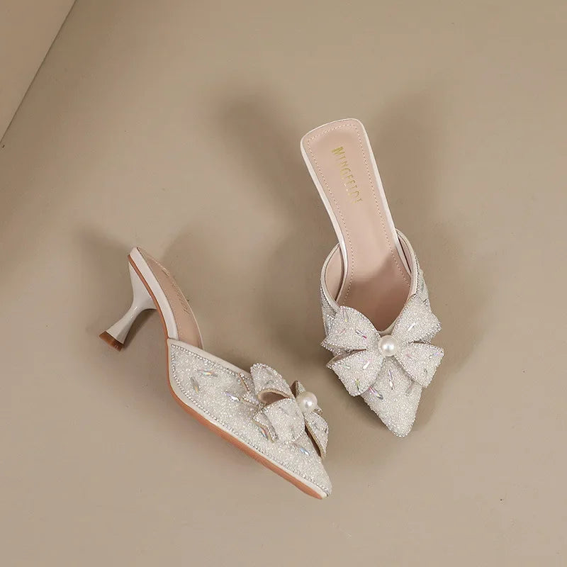 High-Heeled Shoes Lady Glitter Slides Cover Toe Low Butterfly-Knot Slippers Casual Jelly Thin Pointed Luxury Fashion Slides