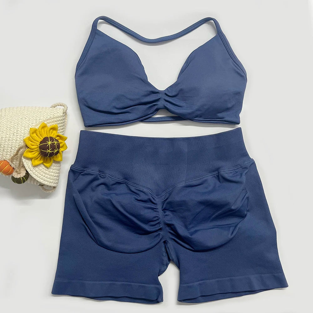 2PCS DF Gym Set Women Strappy Yoga Bra Top Sportswear Workout Scrunch Shorts Sports Suit Seamless Set Fitness Clothes