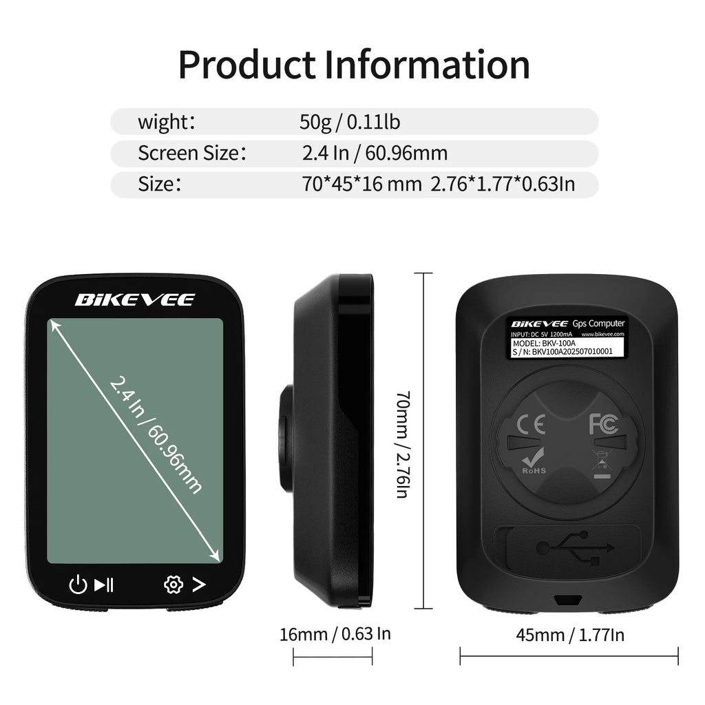 BIKEVEE Wiederaufladbarer kabelloser GPS-Fahrradcomputer, wasserdicht, USB-C, Tachometer, Odometer, Stoppuhr, automatische Hintergrundbeleuchtung, Höhenmesser, Steigungsmesser, Geschwindigkeit, Kilometerstand, Fahrrad-Fahrzubehör