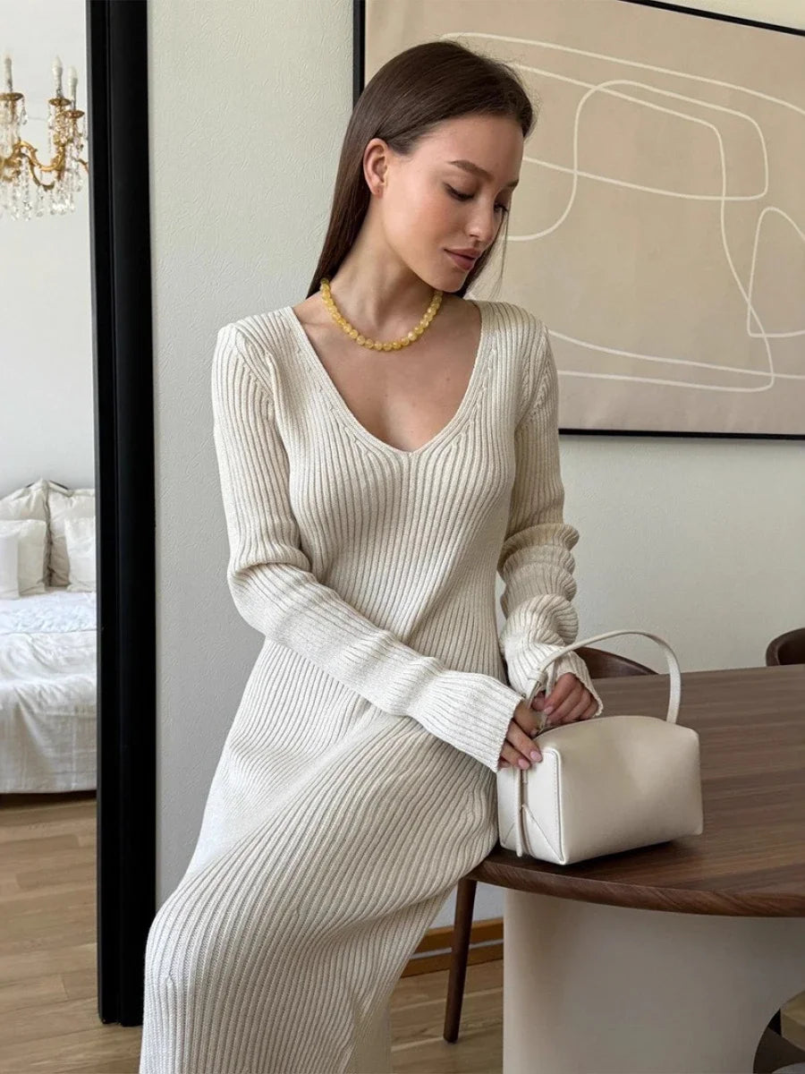 Wolfeel New Women Solid Color Long Sleeve V neck Slim Bodycon Knitted Maxi Dress Trendy Elegant Fashion Dresses  Autumn Winter