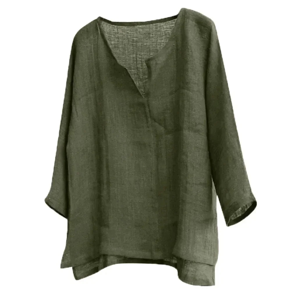 New Summer Autumn Women's Linen Cotton T-shirts Solid Color V Neck Top Casual Loose Long Sleeve Lightweight Pullovers