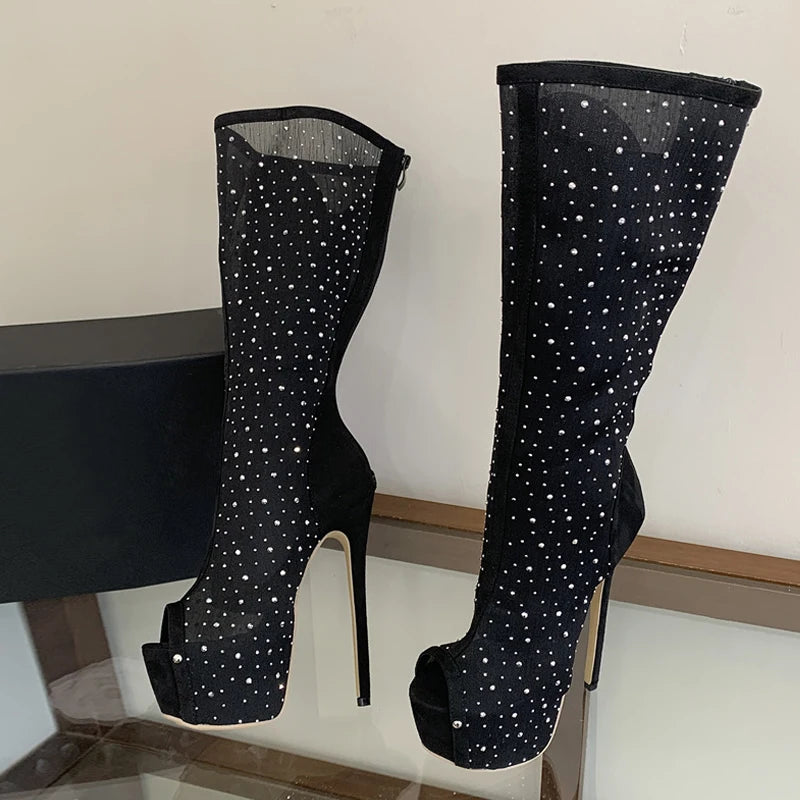 Stivali donna Liyke in rete con strass e plateau