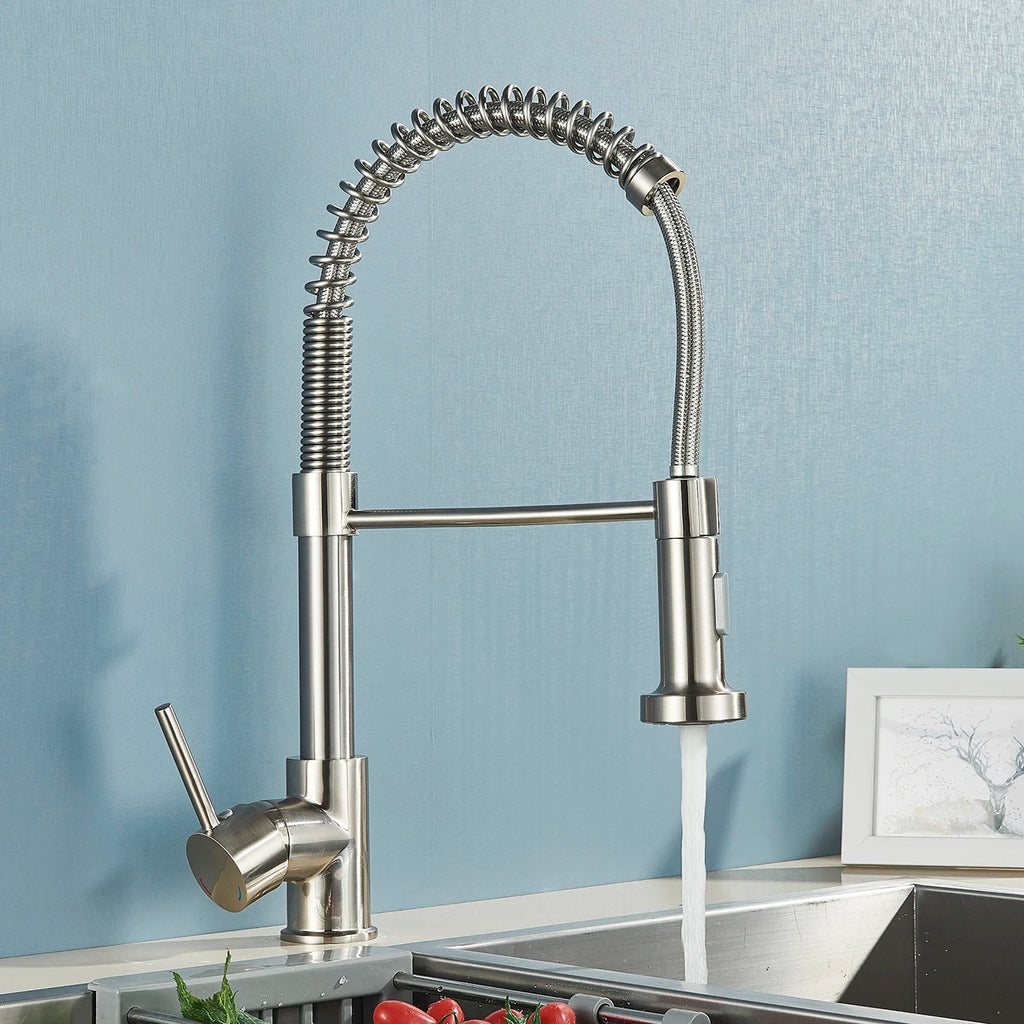 Grifo de cocina de níquel cepillado/negro, monomando, de arco alto, con rociador extraíble y manivela, en acero inoxidable