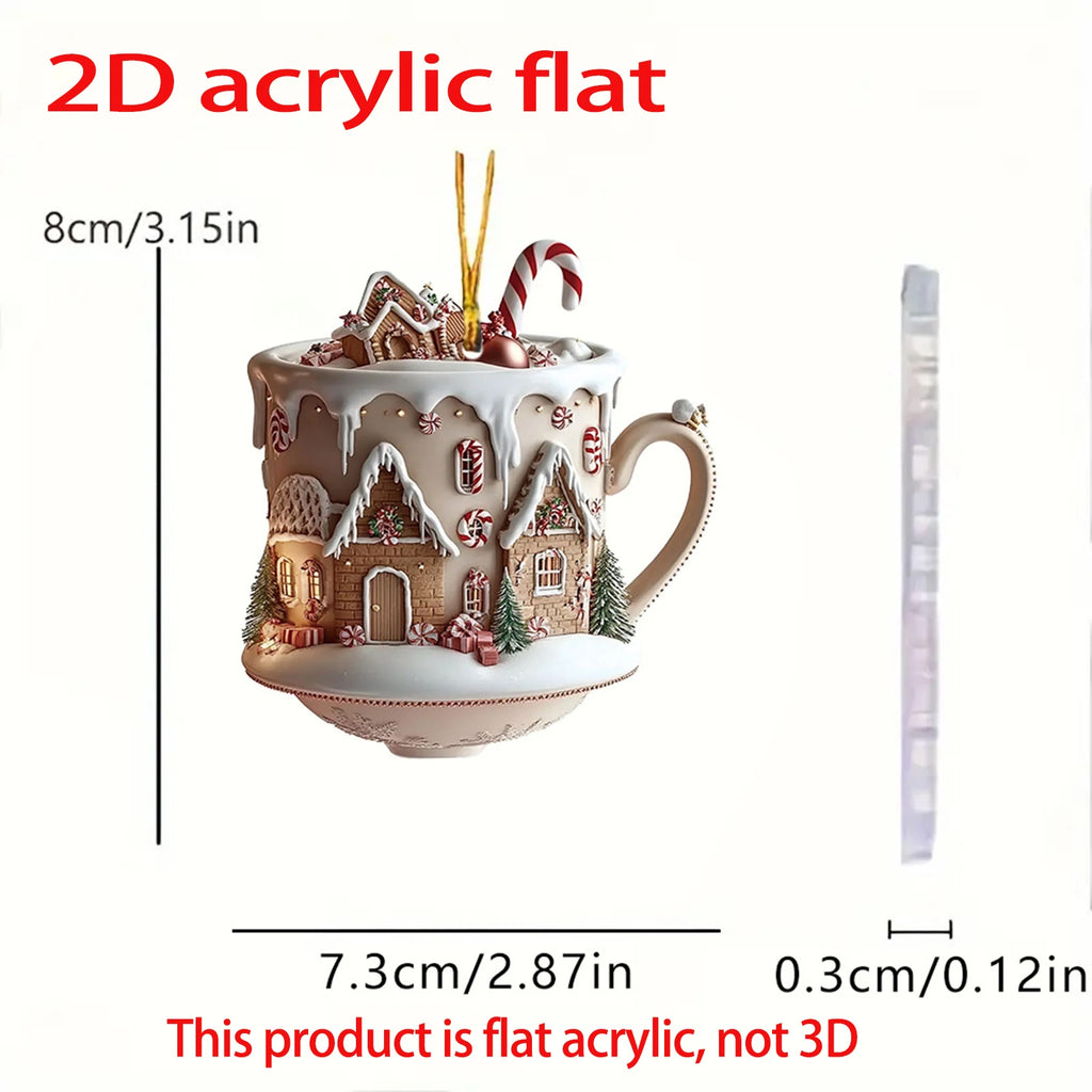 Christmas Decor Coffee Cup Ornaments 2D Acrylic Flat Christmas Snow Houses Chocolate Mug Pendant Christmas Tree Pendant