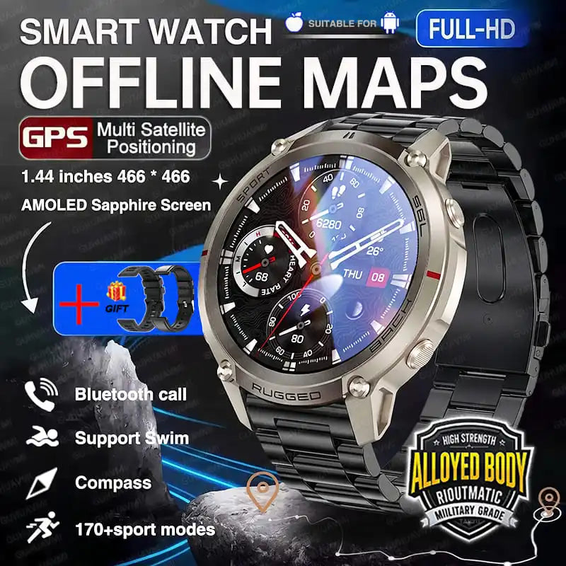 2026 NEW GPS Offline Maps Sport Smart Watch Men AMOLED Display 170+Sports Modes Barometer Compass Swim Waterproof Smart Bracelet