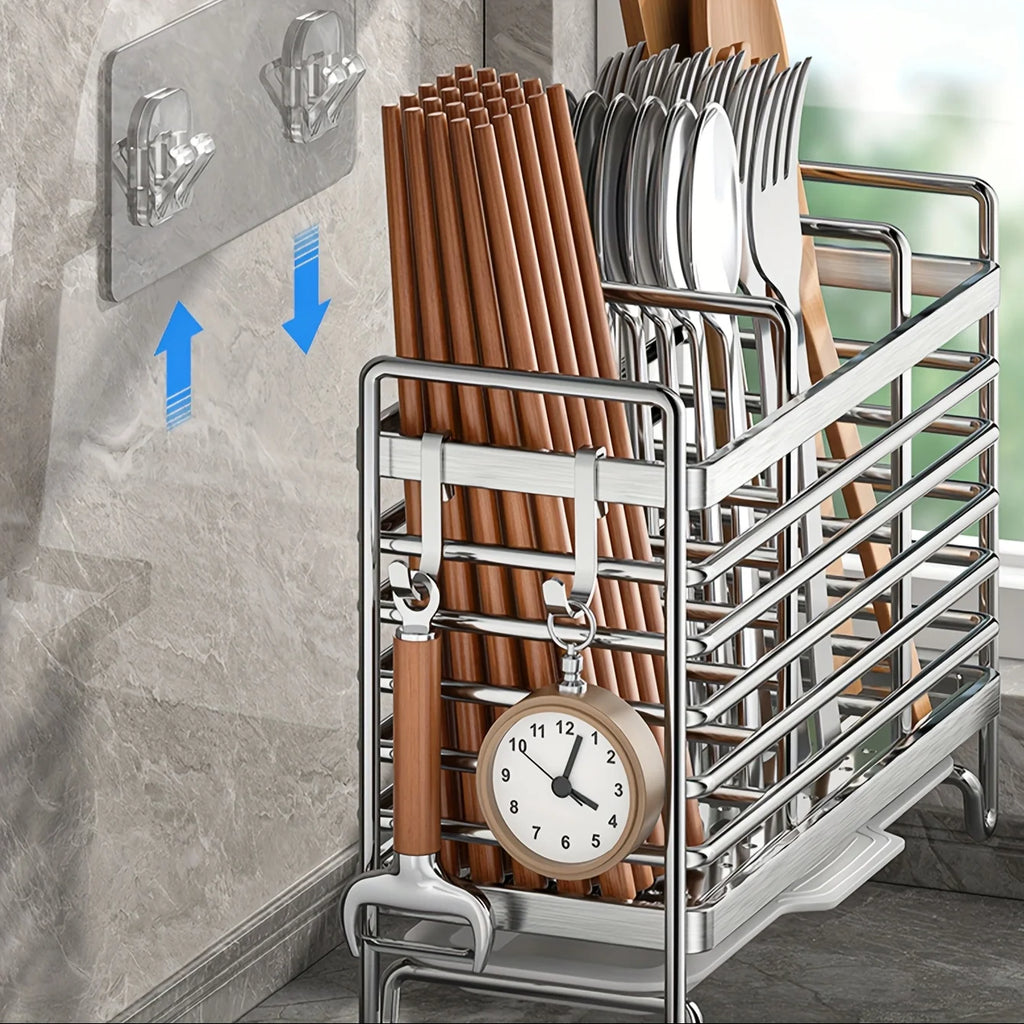 Organizador de utensilios de pared sin taladrar. Organizador de acero inoxidable que ahorra espacio para cubiertos de cocina, ideal para espacios pequeños.
