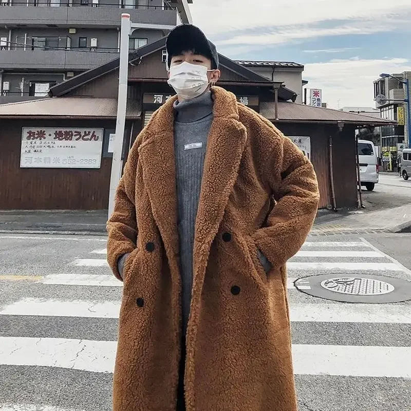Lamb wool big thickened long coat men's winter particle wool large size padded jacket Hong Kong style unisex warm windbreaker