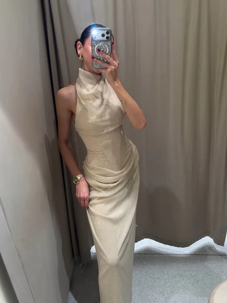 Urban Sequin Pleated Long Women's Dress Sexy Sleeveless Stand Collar Party Dresses Female 2026 Fashion Evening  Robe Lady