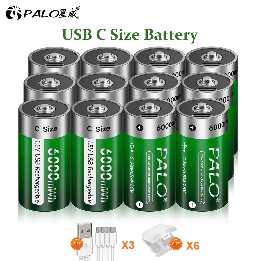 Batterie rechargeable au lithium Palo 1,5 V R14 LR14 avec chargement USB, batterie Li-ion taille C pour chauffe-eau, gazinière, radio, rasoir