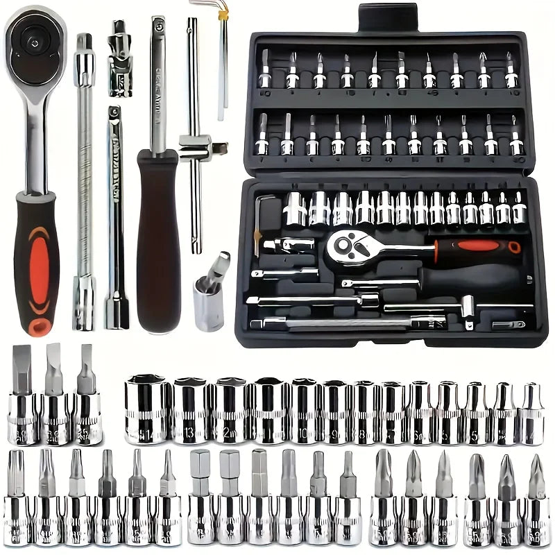 46-Piece Automotive Mechanical Repair Tool Set, Multifunctional Socket, Wrench, and Ratchet Set for Automotive Repairs and Mechanical Work