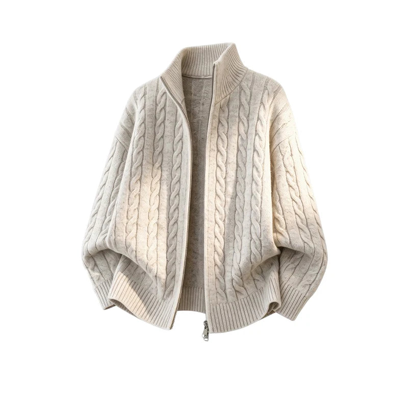 Autumn Fashion Sweatercoat for Men Mock Neck Old Money Jacquard Zipper Cardigan Solid Color Simple Style Knittedwear