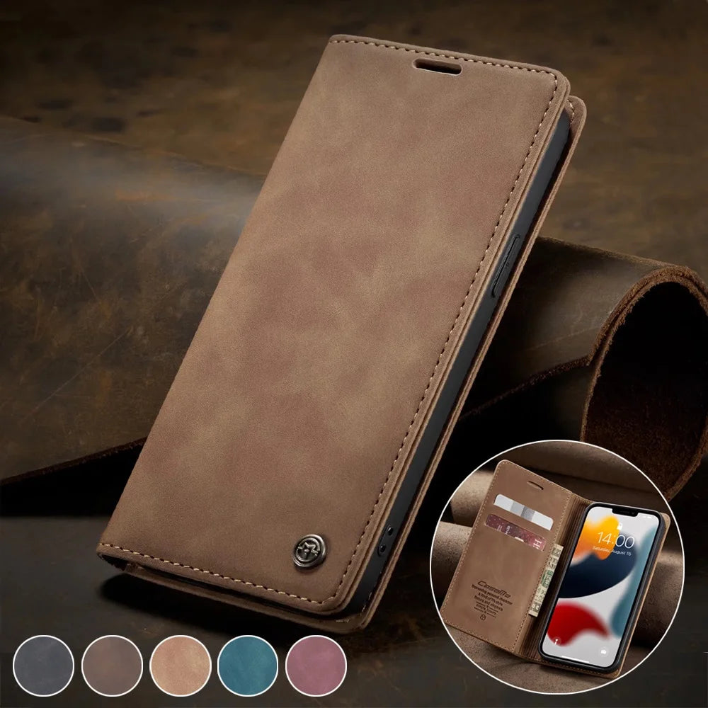 Matte Leather Flip Cover for iPhone 11 12 13 14 15 16e 17 18 Pro Max Mini Air Wallet Case XR XS 8 5S SE 2020 2022 Magnetic Retro