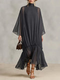 Elegant Women's Sheer Chiffon Maxi Dress with Turtleneck, Batwing Sleeves, Loose Flowy Ruffles, Casual Holiday Party Dress