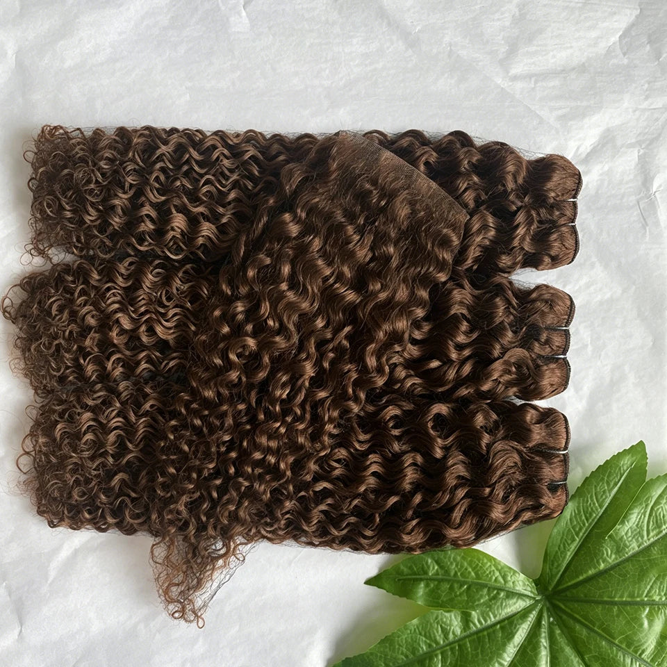 #4 Chocolate Brown Colored Water Wave Human Hair Bundles With HD Transparent Lace Closure Frontal Wet and Wavy Weave Deep Curly Wave Human Hair Extensions for Black Women