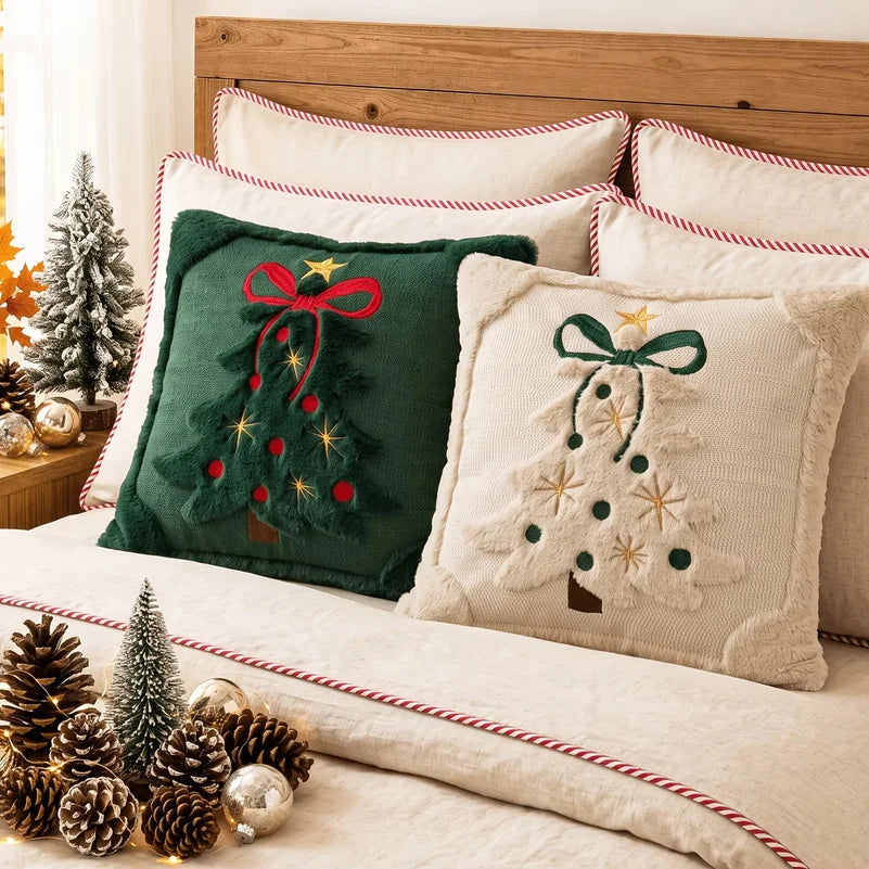 3D Christmas Tree Throw Pillow Covers Faux Plush Embroidered Xmas Tree Pattern Cushion Covers Sofa Couch Home Decor