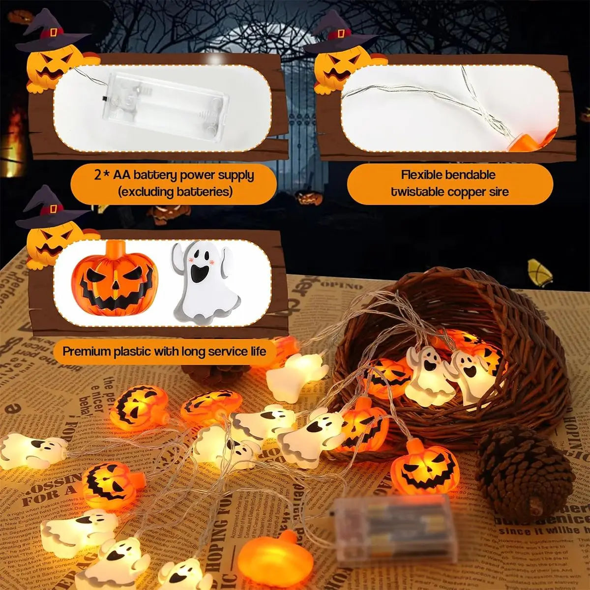 1 pièce, guirlande lumineuse Halloween à 10/20 LED à un seul niveau, avec citrouilles et fantômes, à piles, pour la maison, le jardin et les fêtes d’Halloween