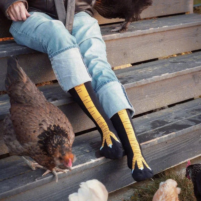 Calcetines de pollo divertidos para hombre, estampado 3D de dibujos animados para cosplay, muy elásticos, hasta el muslo, de algodón, finos y a la moda, con puntera fina.