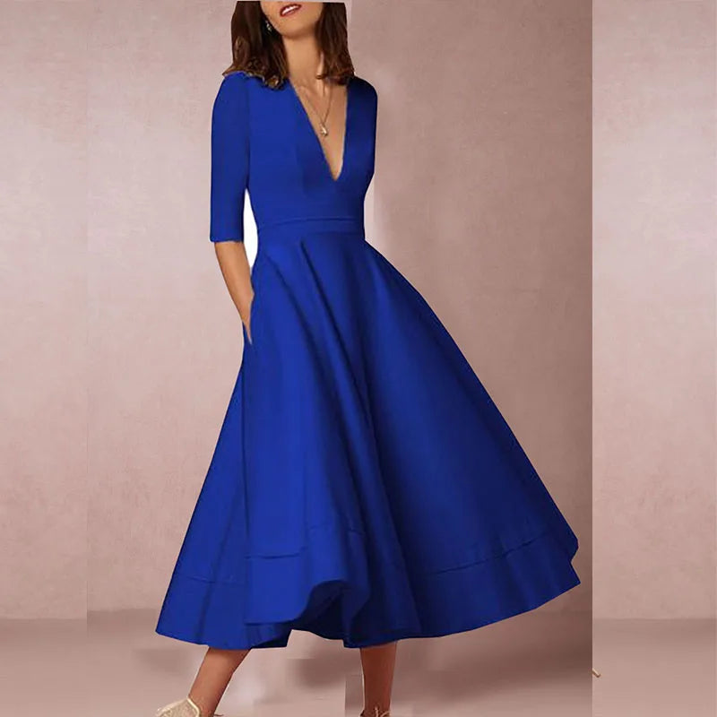 Abito midi da donna con scollo a V e spacco