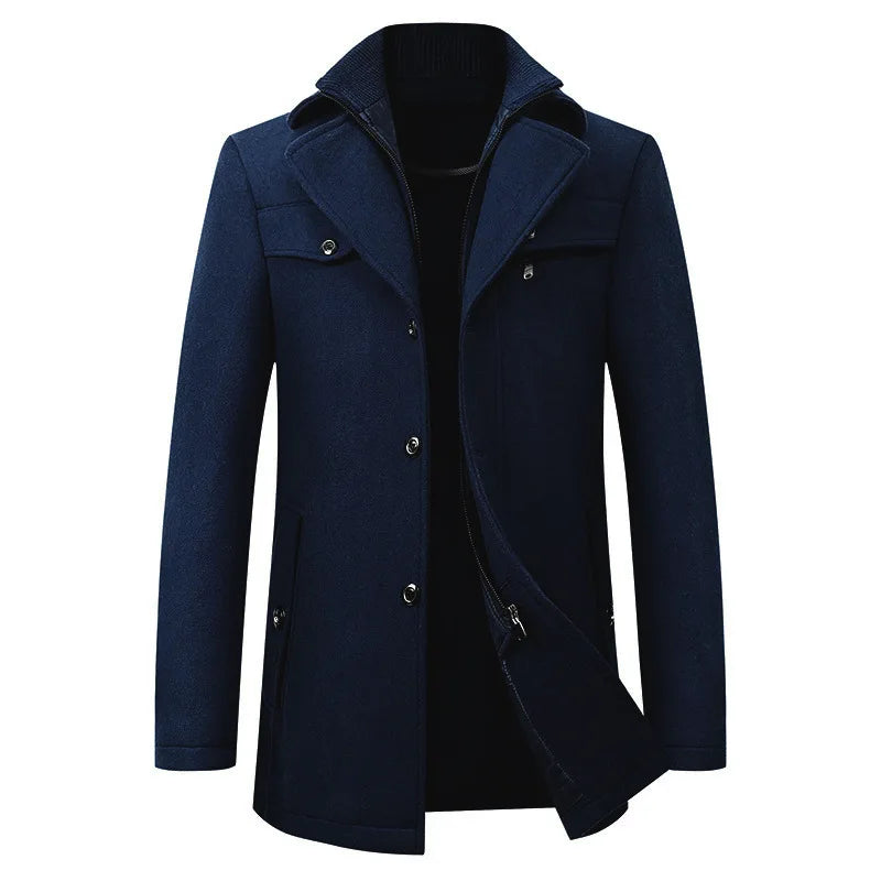 2026 Autumn Winter Men's Double Collar Woolen Coat Medium Length Style Casual Cotton Thickened Warm Outdoor Pure Color Coat