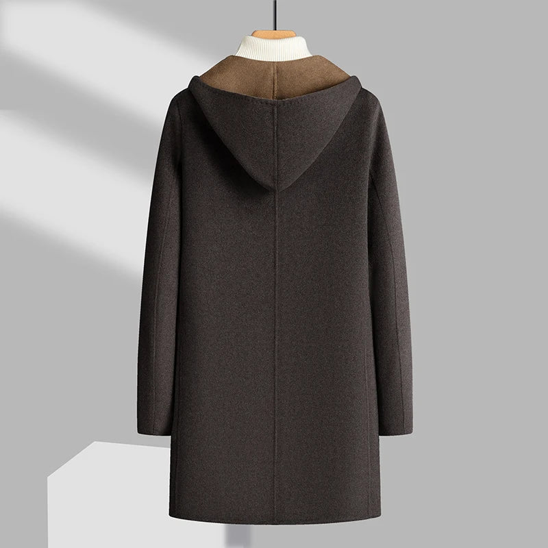 Double Sided Wearable Overcoat Men's Mid-Length Hooded Two Buttons Woolen Coat High Streetwear Loose 70% Wool Windbreaker Jacket
