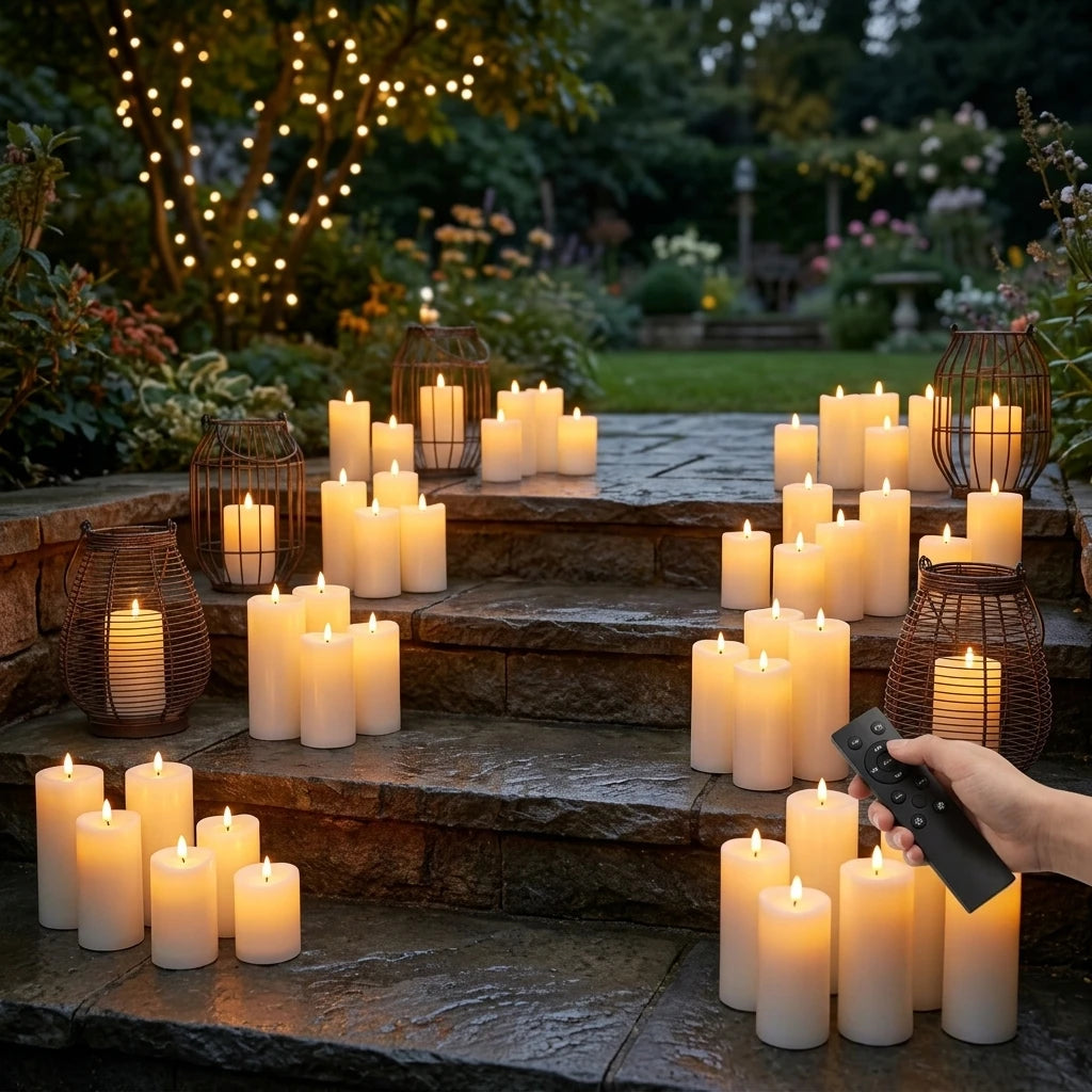 48 white electronic candles with warm light, ideal for home decor, fireplace, Christmas decoration, wedding and courtyard. Batteries not included.