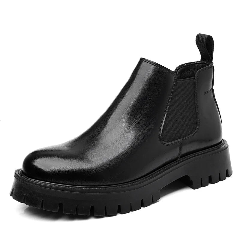 Vintage braune Chelsea-Boots für Herren aus glänzendem Leder, zum Hineinschlüpfen, dicke rutschfeste Sohle, kurze Stiefel, Herbstschuhe für Männer, schwarz