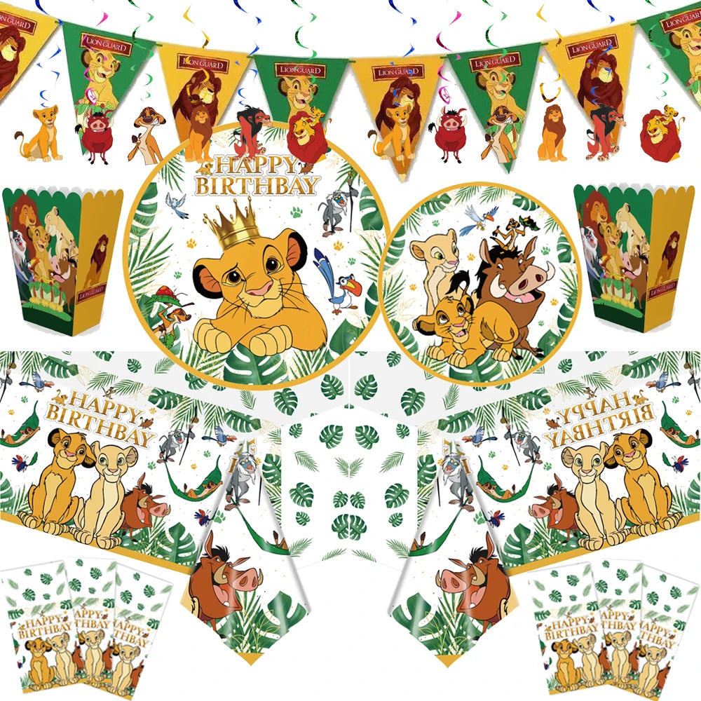 Decoración de cumpleaños del Rey León de Simba, vajilla desechable, globos, mantel, servilletas, vasos y adornos para tartas, para fiestas infantiles y baby showers