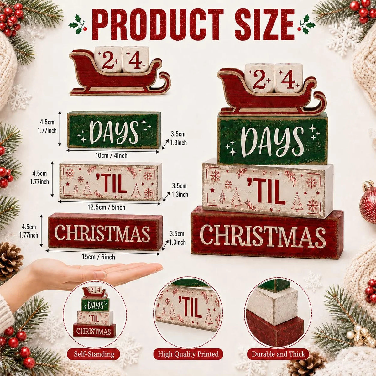 Décorations de Noël en bois pour intérieur, décor de table rustique style ferme, calendrier de l'Avent en bois en forme de traîneau avec compte à rebours avant Noël